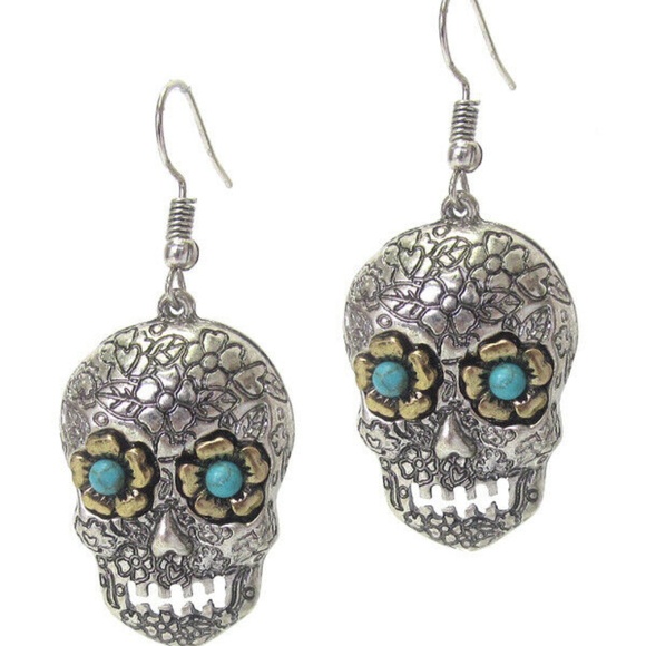 Jewelry - Silver & Turquoise Eye Skull Candy Alloy Earrings